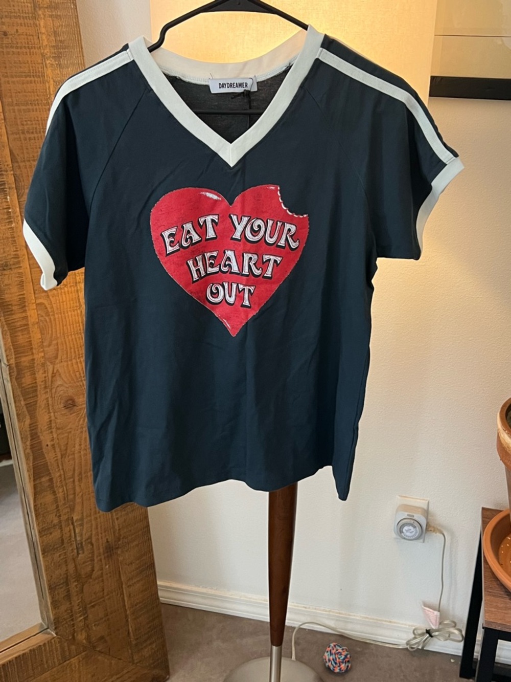 Daydreamer dark teal  Tee with Red Heart Graphic, white ringer tee